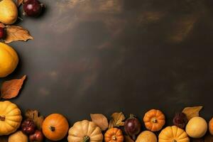 Thanksgiving day or autumn composition with pumpkin, oranges, leaves or chicken. Thanksgiving food concept by AI Generated photo