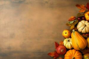 Thanksgiving day or autumn composition with pumpkin, oranges, leaves or chicken. Thanksgiving food concept by AI Generated photo