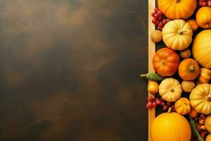 acción de gracias día o otoño composición con calabaza, naranjas, hojas o pollo. acción de gracias comida concepto por ai generado foto