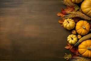 acción de gracias día o otoño composición con calabaza, naranjas, hojas o pollo. acción de gracias comida concepto por ai generado foto