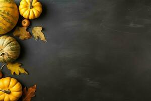 Thanksgiving day or autumn composition with pumpkin, oranges, leaves or chicken. Thanksgiving food concept by AI Generated photo