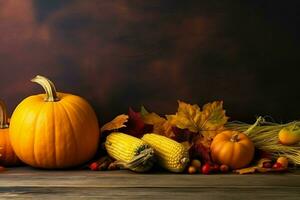 Thanksgiving day or autumn composition with pumpkin, oranges, leaves or chicken. Thanksgiving food concept by AI Generated photo