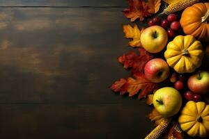 acción de gracias día o otoño composición con calabaza, naranjas, hojas o pollo. acción de gracias comida concepto por ai generado foto