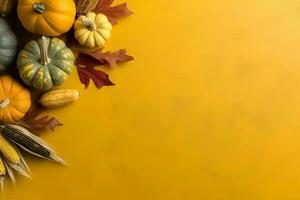 Thanksgiving day or autumn composition with pumpkin, oranges, leaves or chicken. Thanksgiving food concept by AI Generated photo