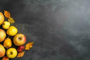 acción de gracias día o otoño composición con calabaza, naranjas, hojas o pollo. acción de gracias comida concepto por ai generado foto