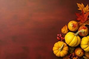 Thanksgiving day or autumn composition with pumpkin, oranges, leaves or chicken. Thanksgiving food concept by AI Generated photo