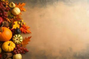 Thanksgiving day or autumn composition with pumpkin, oranges, leaves or chicken. Thanksgiving food concept by AI Generated photo