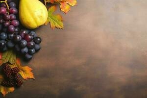 acción de gracias día o otoño composición con calabaza, naranjas, hojas o pollo. acción de gracias comida concepto por ai generado foto