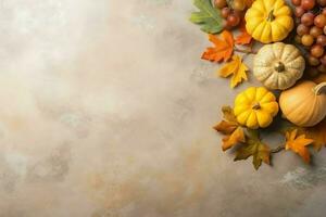 Thanksgiving day or autumn composition with pumpkin, oranges, leaves or chicken. Thanksgiving food concept by AI Generated photo