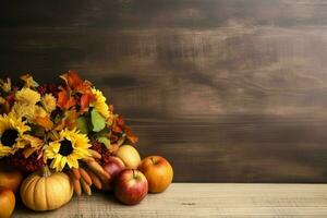 Thanksgiving day or autumn composition with pumpkin, oranges, leaves or chicken. Thanksgiving food concept by AI Generated photo