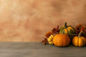 Thanksgiving day or autumn composition with pumpkin, oranges, leaves or chicken. Thanksgiving food concept by AI Generated photo