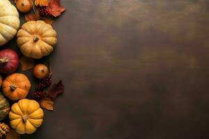 Thanksgiving day or autumn composition with pumpkin, oranges, leaves or chicken. Thanksgiving food concept by AI Generated photo