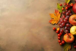 acción de gracias día o otoño composición con calabaza, naranjas, hojas o pollo. acción de gracias comida concepto por ai generado foto