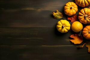 acción de gracias día o otoño composición con calabaza, naranjas, hojas o pollo. acción de gracias comida concepto por ai generado foto