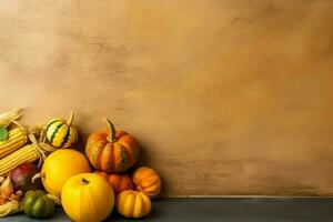 Thanksgiving day or autumn composition with pumpkin, oranges, leaves or chicken. Thanksgiving food concept by AI Generated photo