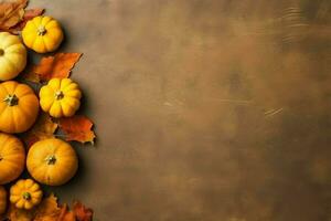 acción de gracias día o otoño composición con calabaza, naranjas, hojas o pollo. acción de gracias comida concepto por ai generado foto