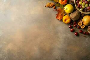 Thanksgiving day or autumn composition with pumpkin, oranges, leaves or chicken. Thanksgiving food concept by AI Generated photo