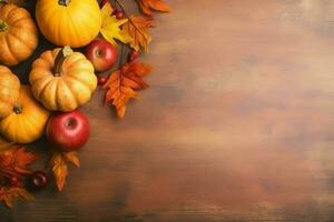 Thanksgiving day or autumn composition with pumpkin, oranges, leaves or chicken. Thanksgiving food concept by AI Generated photo