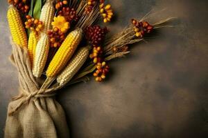 acción de gracias día o otoño composición con calabaza, naranjas, hojas o pollo. acción de gracias comida concepto por ai generado foto