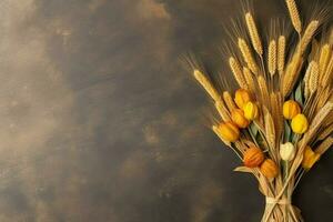 acción de gracias día o otoño composición con calabaza, naranjas, hojas o pollo. acción de gracias comida concepto por ai generado foto