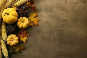 Thanksgiving day or autumn composition with pumpkin, oranges, leaves or chicken. Thanksgiving food concept by AI Generated photo