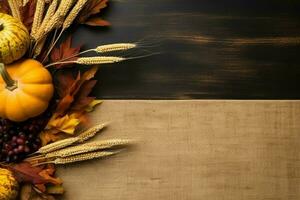 Thanksgiving day or autumn composition with pumpkin, oranges, leaves or chicken. Thanksgiving food concept by AI Generated photo