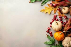 Thanksgiving day or autumn composition with pumpkin, oranges, leaves or chicken. Thanksgiving food concept by AI Generated photo