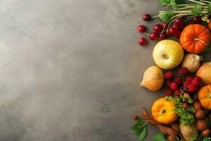 Thanksgiving day or autumn composition with pumpkin, oranges, leaves or chicken. Thanksgiving food concept by AI Generated photo