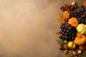 Thanksgiving day or autumn composition with pumpkin, oranges, leaves or chicken. Thanksgiving food concept by AI Generated photo