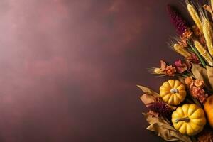 acción de gracias día o otoño composición con calabaza, naranjas, hojas o pollo. acción de gracias comida concepto por ai generado foto