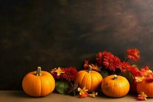 Thanksgiving day or autumn composition with pumpkin, oranges, leaves or chicken. Thanksgiving food concept by AI Generated photo