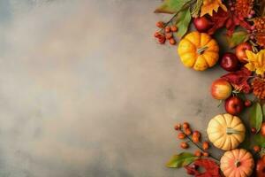 Thanksgiving day or autumn composition with pumpkin, oranges, leaves or chicken. Thanksgiving food concept by AI Generated photo