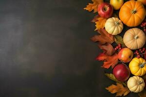 Thanksgiving day or autumn composition with pumpkin, oranges, leaves or chicken. Thanksgiving food concept by AI Generated photo