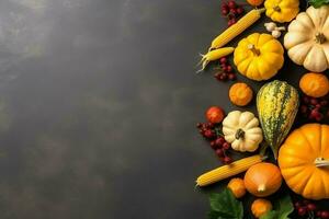 Thanksgiving day or autumn composition with pumpkin, oranges, leaves or chicken. Thanksgiving food concept by AI Generated photo