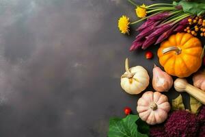 acción de gracias día o otoño composición con calabaza, naranjas, hojas o pollo. acción de gracias comida concepto por ai generado foto