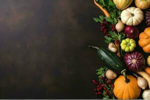 Thanksgiving day or autumn composition with pumpkin, oranges, leaves or chicken. Thanksgiving food concept by AI Generated photo