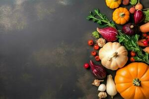 Thanksgiving day or autumn composition with pumpkin, oranges, leaves or chicken. Thanksgiving food concept by AI Generated photo