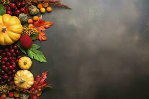 Thanksgiving day or autumn composition with pumpkin, oranges, leaves or chicken. Thanksgiving food concept by AI Generated photo