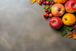 Thanksgiving day or autumn composition with pumpkin, oranges, leaves or chicken. Thanksgiving food concept by AI Generated photo