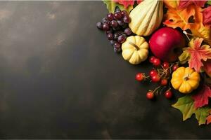 Thanksgiving day or autumn composition with pumpkin, oranges, leaves or chicken. Thanksgiving food concept by AI Generated photo