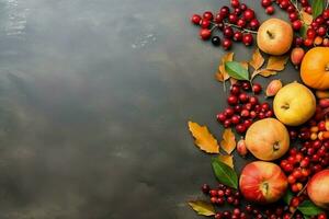 acción de gracias día o otoño composición con calabaza, naranjas, hojas o pollo. acción de gracias comida concepto por ai generado foto