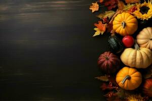 Thanksgiving day or autumn composition with pumpkin, oranges, leaves or chicken. Thanksgiving food concept by AI Generated photo