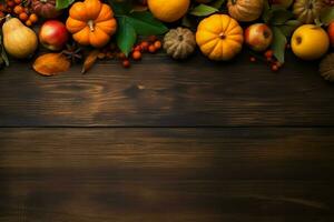 Thanksgiving day or autumn composition with pumpkin, oranges, leaves or chicken. Thanksgiving food concept by AI Generated photo