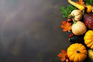 Thanksgiving day or autumn composition with pumpkin, oranges, leaves or chicken. Thanksgiving food concept by AI Generated photo