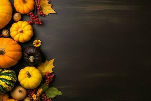 Thanksgiving day or autumn composition with pumpkin, oranges, leaves or chicken. Thanksgiving food concept by AI Generated photo