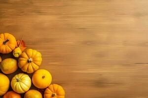 Thanksgiving day or autumn composition with pumpkin, oranges, leaves or chicken. Thanksgiving food concept by AI Generated photo