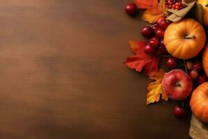 Thanksgiving day or autumn composition with pumpkin, oranges, leaves or chicken. Thanksgiving food concept by AI Generated photo