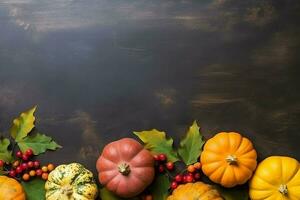 Thanksgiving day or autumn composition with pumpkin, oranges, leaves or chicken. Thanksgiving food concept by AI Generated photo