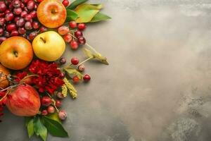 Thanksgiving day or autumn composition with pumpkin, oranges, leaves or chicken. Thanksgiving food concept by AI Generated photo