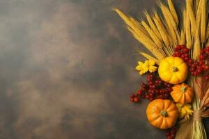 acción de gracias día o otoño composición con calabaza, naranjas, hojas o pollo. acción de gracias comida concepto por ai generado foto